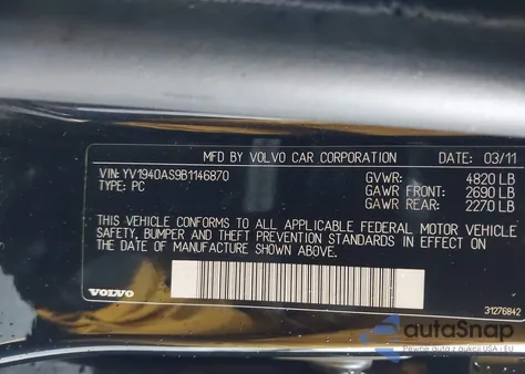 2011 Volvo S80 3.2 z USA, uszkodzony, nr VIN YV1940AS9B1146870